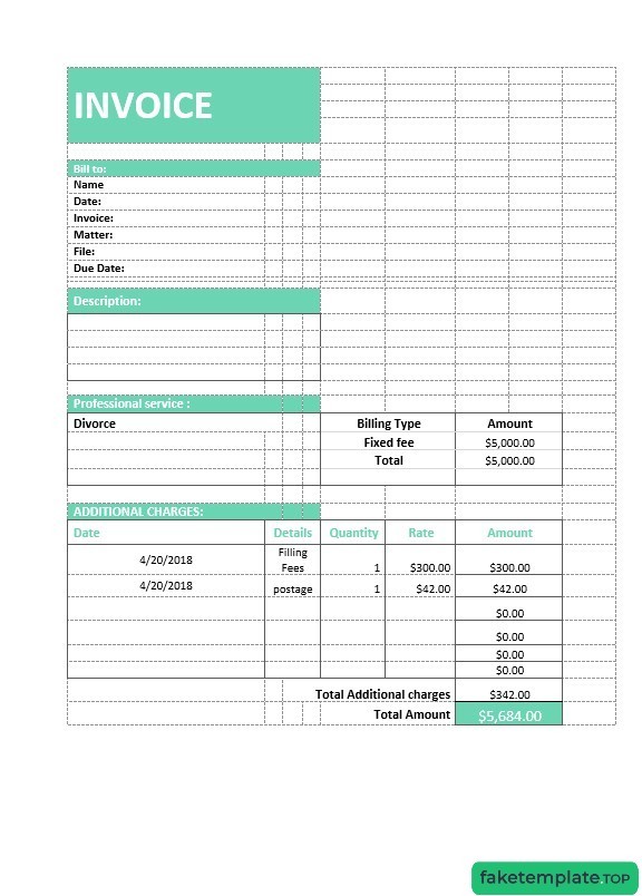 Feature of fake Legal Service invoice example